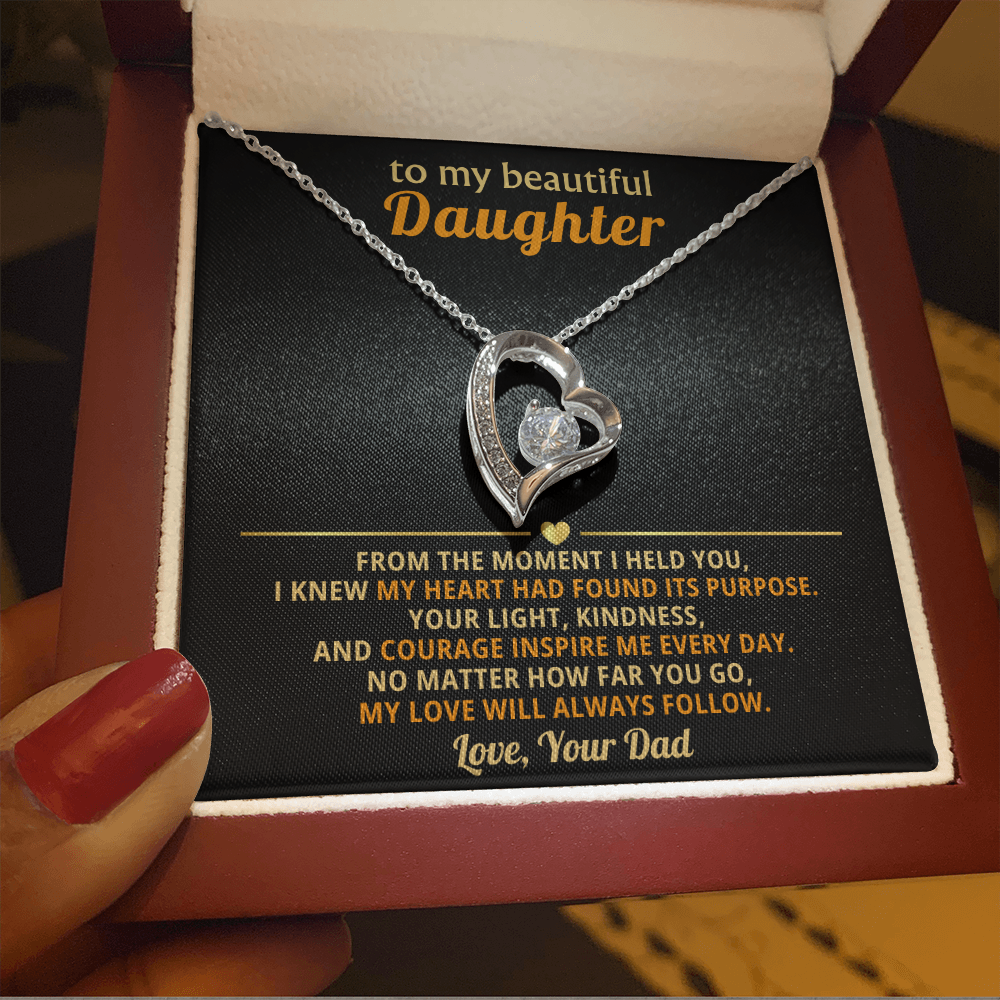 Forever Love Necklace gift from dad to daughter with heartfelt message card, featuring cubic zirconia heart pendant in 14k white gold finish, displayed in elegant gift box.