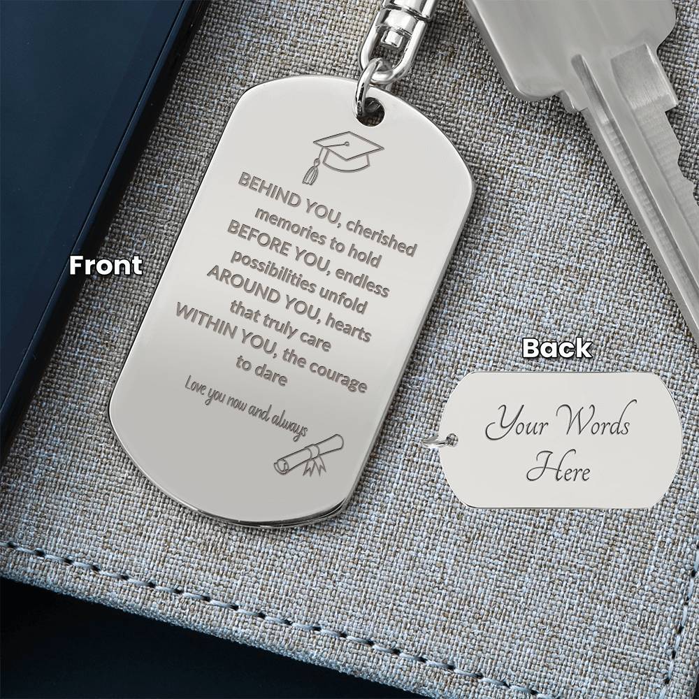 Personalized Engraved Dog Tag Keychain โ Graduation Gift with Custom Message