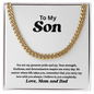 Gold Cuban link chain on message card titled "To My Son" – sentimental jewelry gift from Mom and Dad with heartfelt words