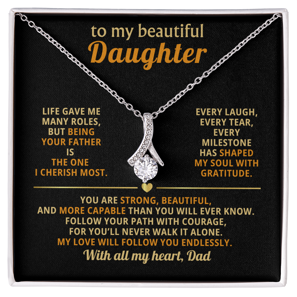 To My Beautiful Daughter Necklace from Dad – Alluring Beauty pendant in 14k white gold finish with sparkling cubic zirconia stone and heartfelt message card