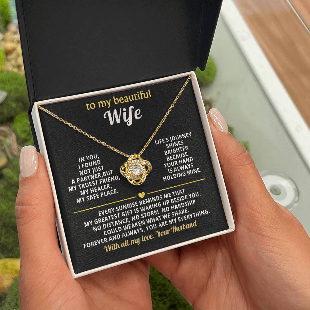 Premium Love Knot Necklace for Wife - 14K Gold Plated Anniversary Gift with CZ Crystals - Romantic Jewelry for Women-White Text