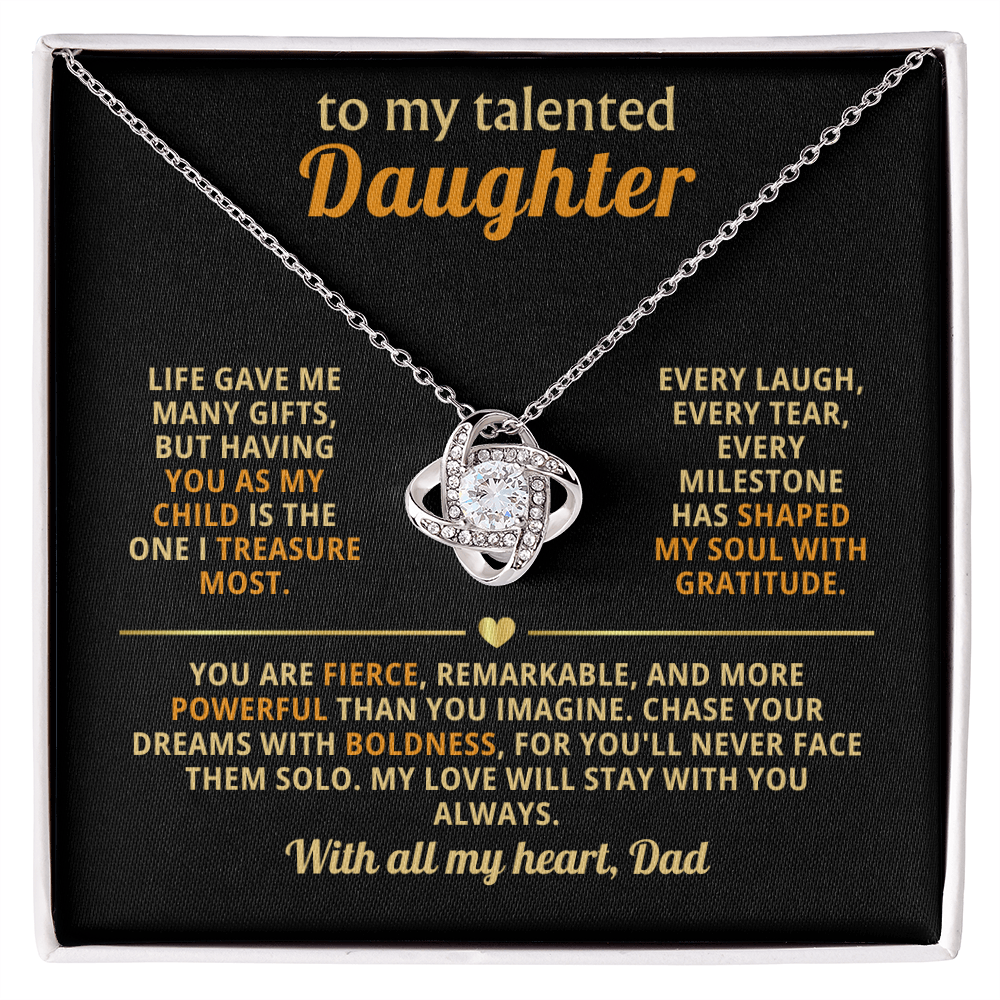 To My Talented Daughter Love Knot Necklace from Dad – elegant 14k white gold pendant with cubic zirconia stone and heartfelt message card expressing love, pride, and encouragement