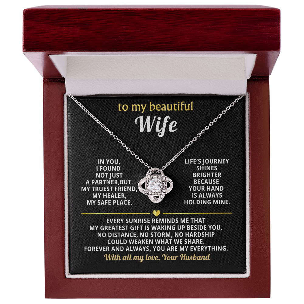 Premium Love Knot Necklace for Wife - 14K Gold Plated Anniversary Gift with CZ Crystals - Romantic Jewelry for Women-White Text