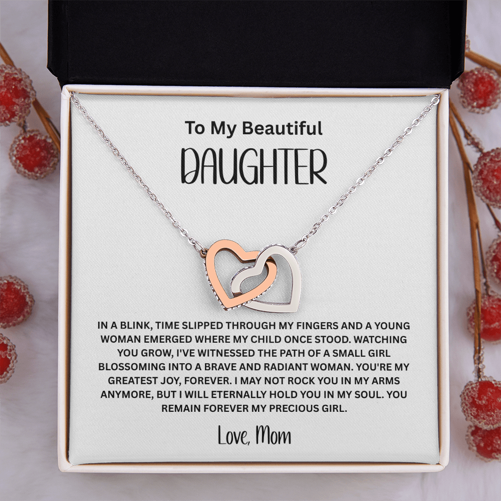 Mother to daughter interlocking hearts necklace with CZ crystals in two-tone finish, presented in gift box with sentimental message card "To My Beautiful Daughter