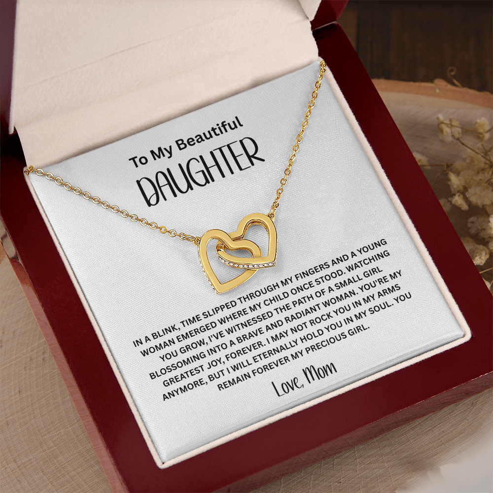 Mom to Daughter Interlocking Hearts Necklace - Two-Tone CZ Crystal Pendant with Sentimental Card Gift