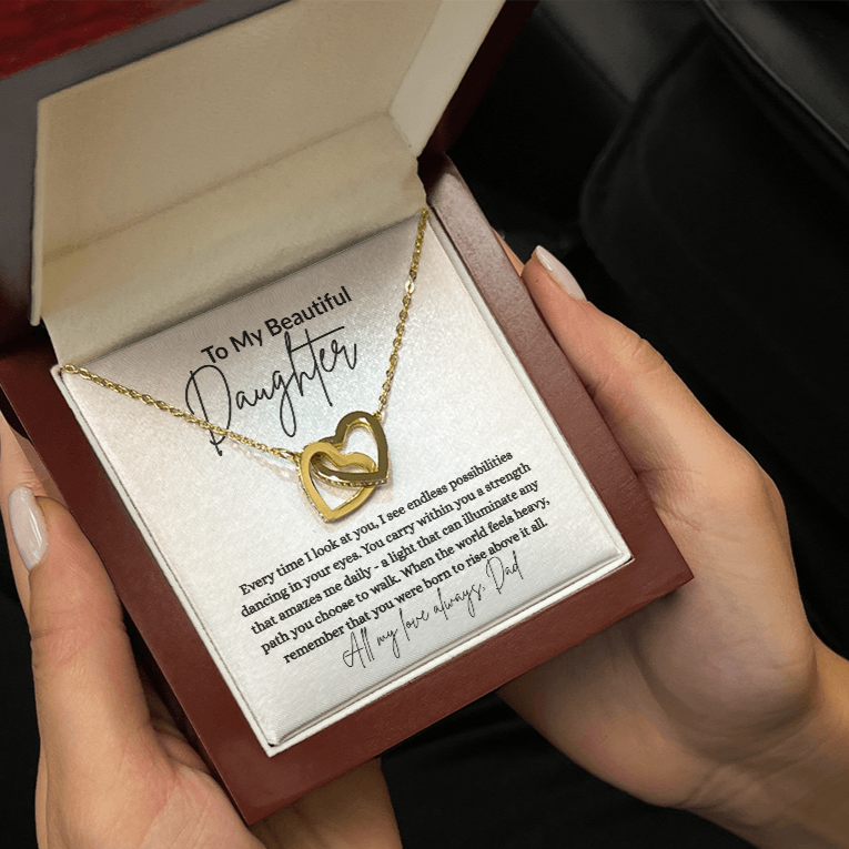 To My Beautiful Daughter – Interlocking Hearts Necklace from Dad with Message Card