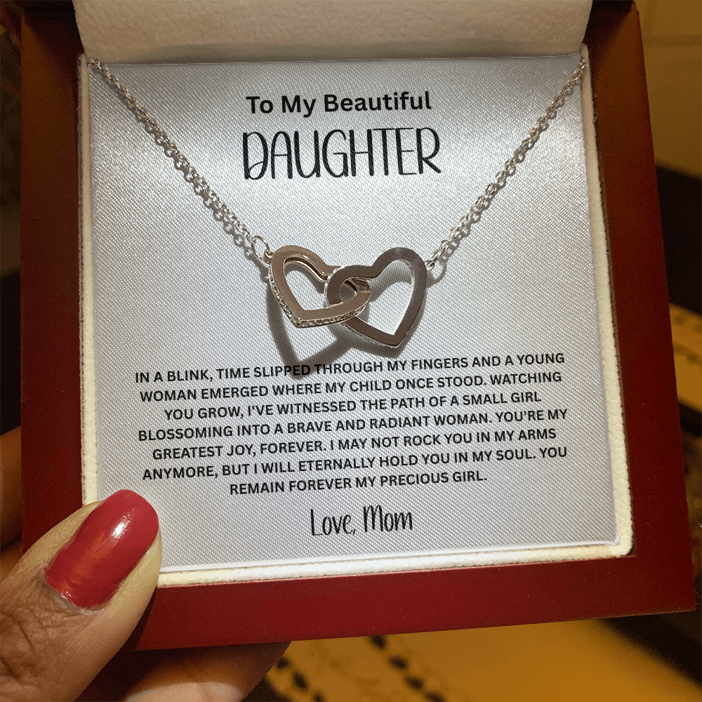 Mom to Daughter Interlocking Hearts Necklace - Two-Tone CZ Crystal Pendant with Sentimental Card Gift