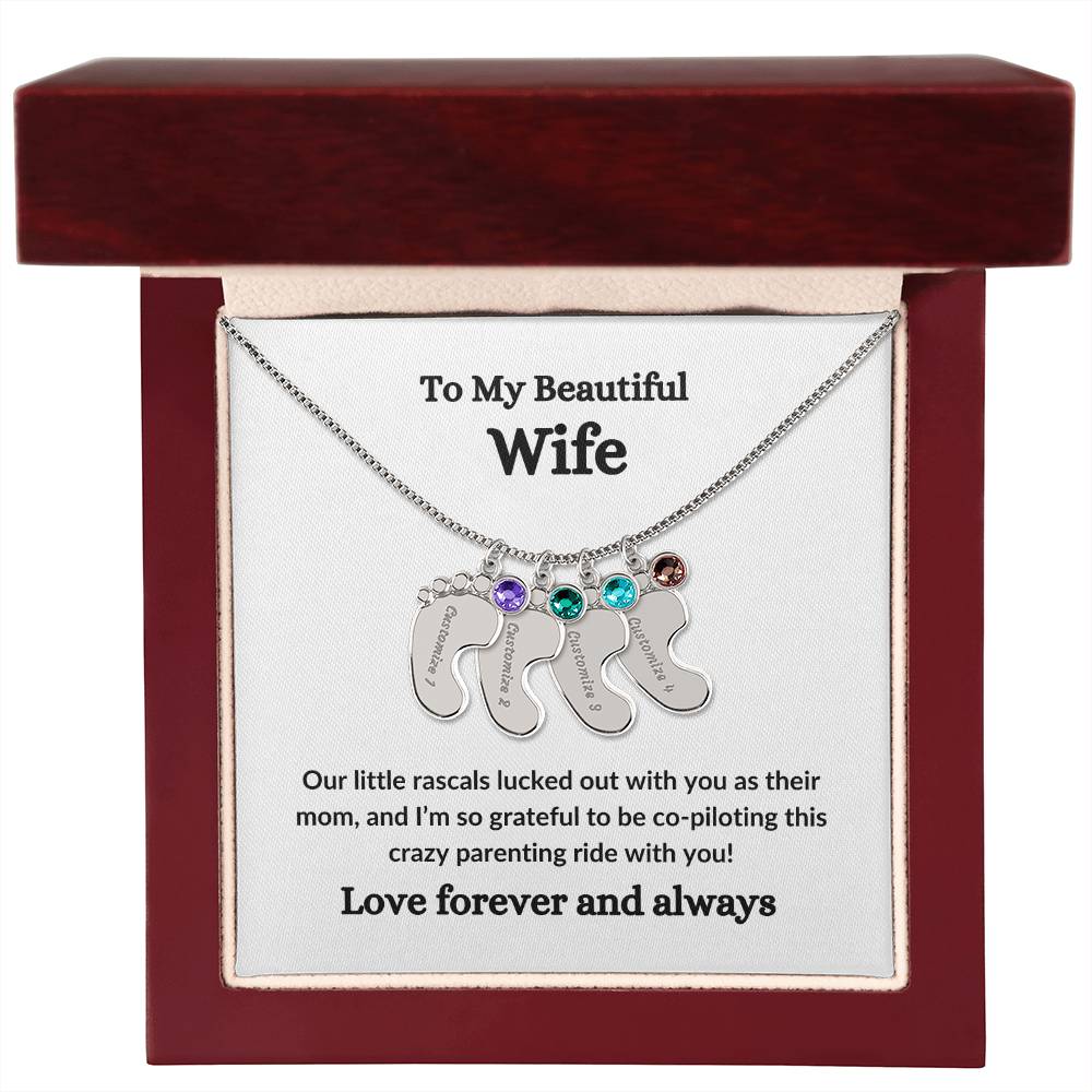 To My Beautiful Wife-Custom Baby Feet Necklace with Birthstone - Personalized Mom Gift