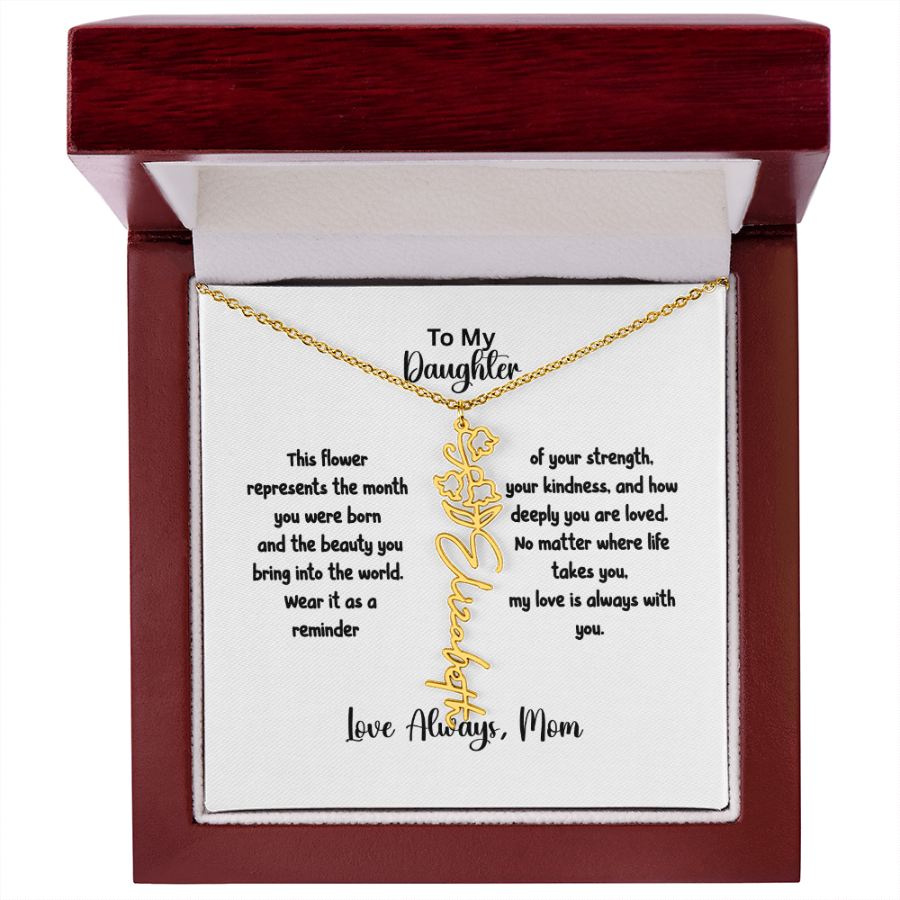 Personalized Birth Flower Name Necklace for Daughter | Custom Floral Jewelry Gift | Stainless Steel; 18K Gold | Made in USA