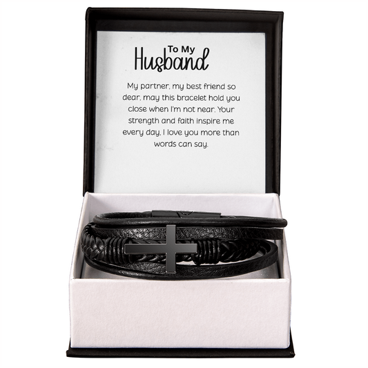 Men's Cross Leather Bracelet for Husband - Romantic Anniversary Gift with Love Message Card - Black Braided Vegan Leather - Christian Jewelry for Him