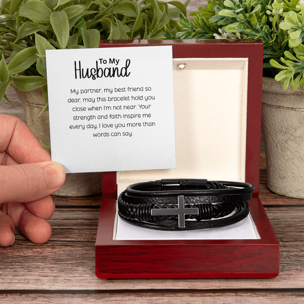 Men's Cross Leather Bracelet for Husband - Romantic Anniversary Gift with Love Message Card - Black Braided Vegan Leather - Christian Jewelry for Him