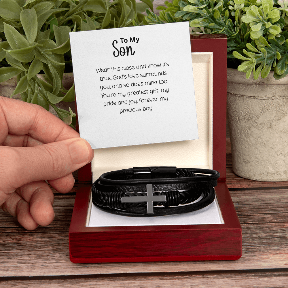 To My Son Cross Leather Bracelet - Religious Faith Gift with Inspirational Message Card - Black Braided Vegan Leather - Christian Jewelry for Men