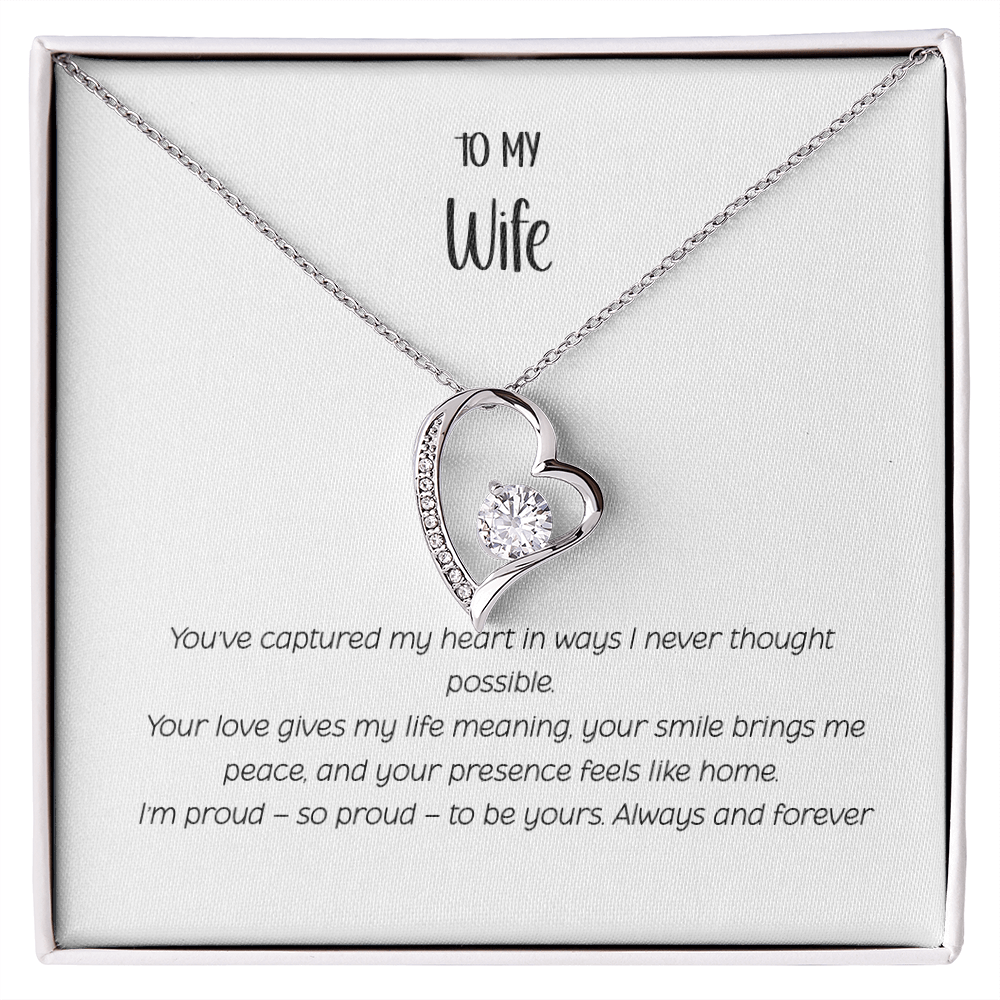 Forever Love heart-shaped necklace with sparkling CZ crystal center in white gift box labeled "To My Wife" with romantic message card - Perfect anniversary or birthday gift for wife