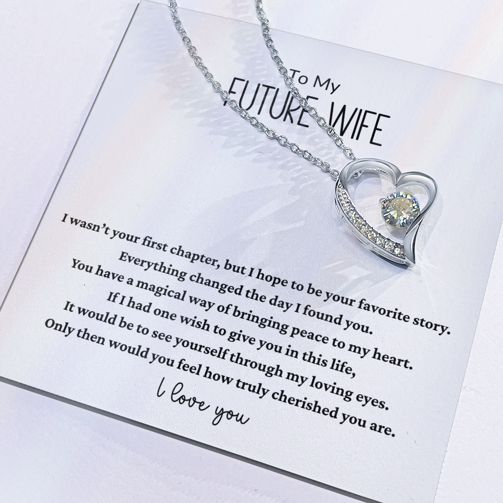 Forever Love Necklace featuring a heart-shaped pendant with a 6.5mm CZ crystal, surrounded by smaller sparkly stones in a white or yellow gold finish, displayed in a luxury gift box