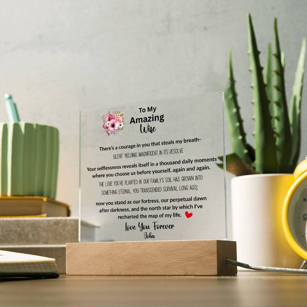 Romantic LED acrylic plaque for wife with heartfelt message and wooden base, featuring customizable 7-color lighting