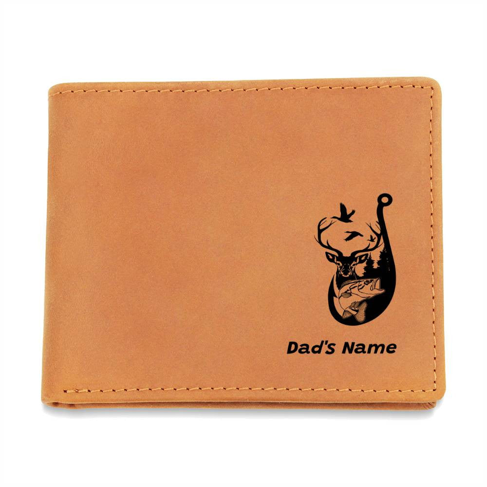 Personalized Leather Wallet with Outdoors Design – Fish, Deer, and Ducks