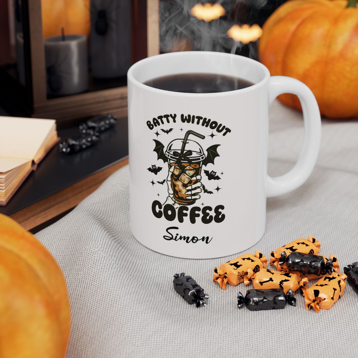 Batty Without Coffee Personalized Halloween Mug – Custom Ceramic Coffee Cup