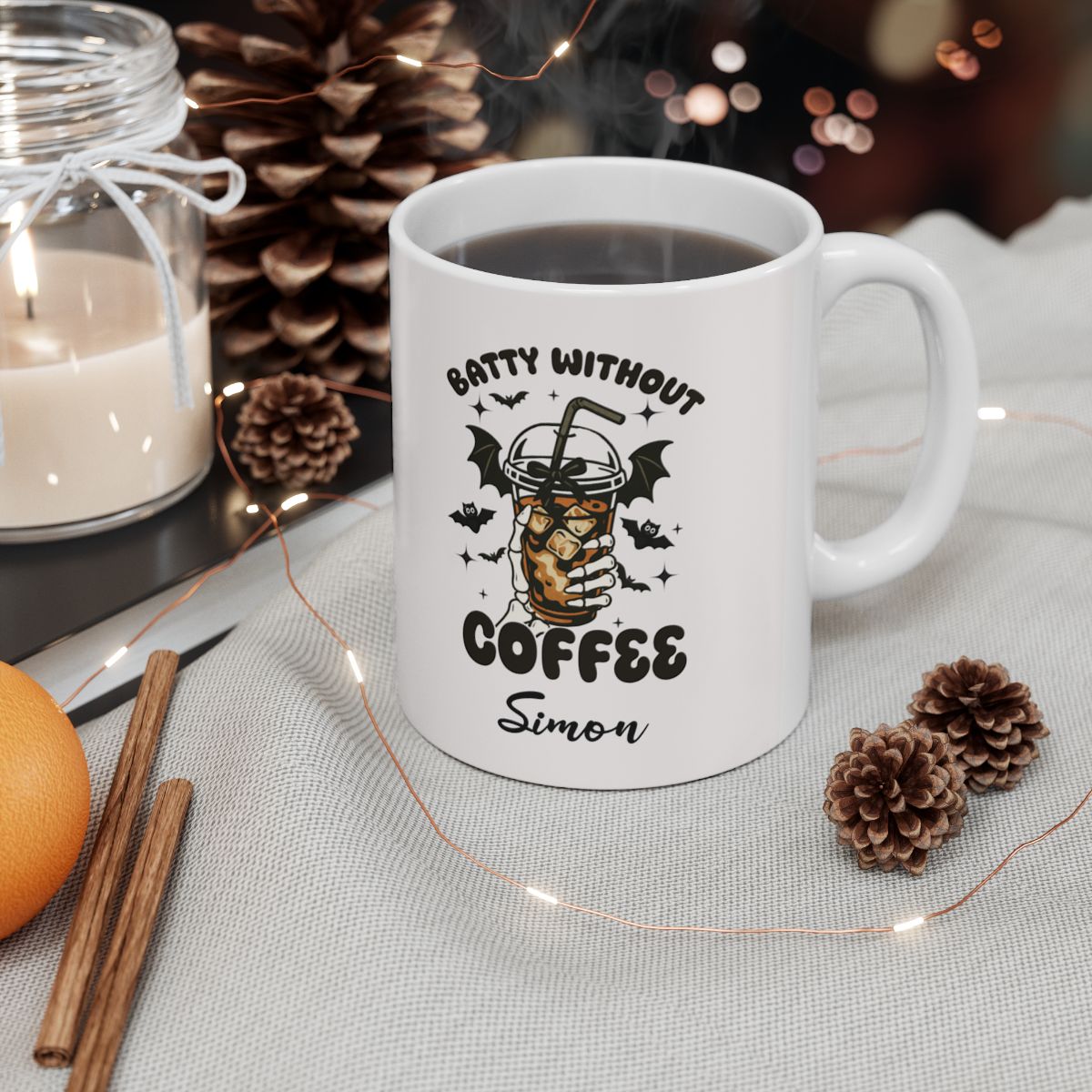 Batty Without Coffee Personalized Halloween Mug – Custom Ceramic Coffee Cup
