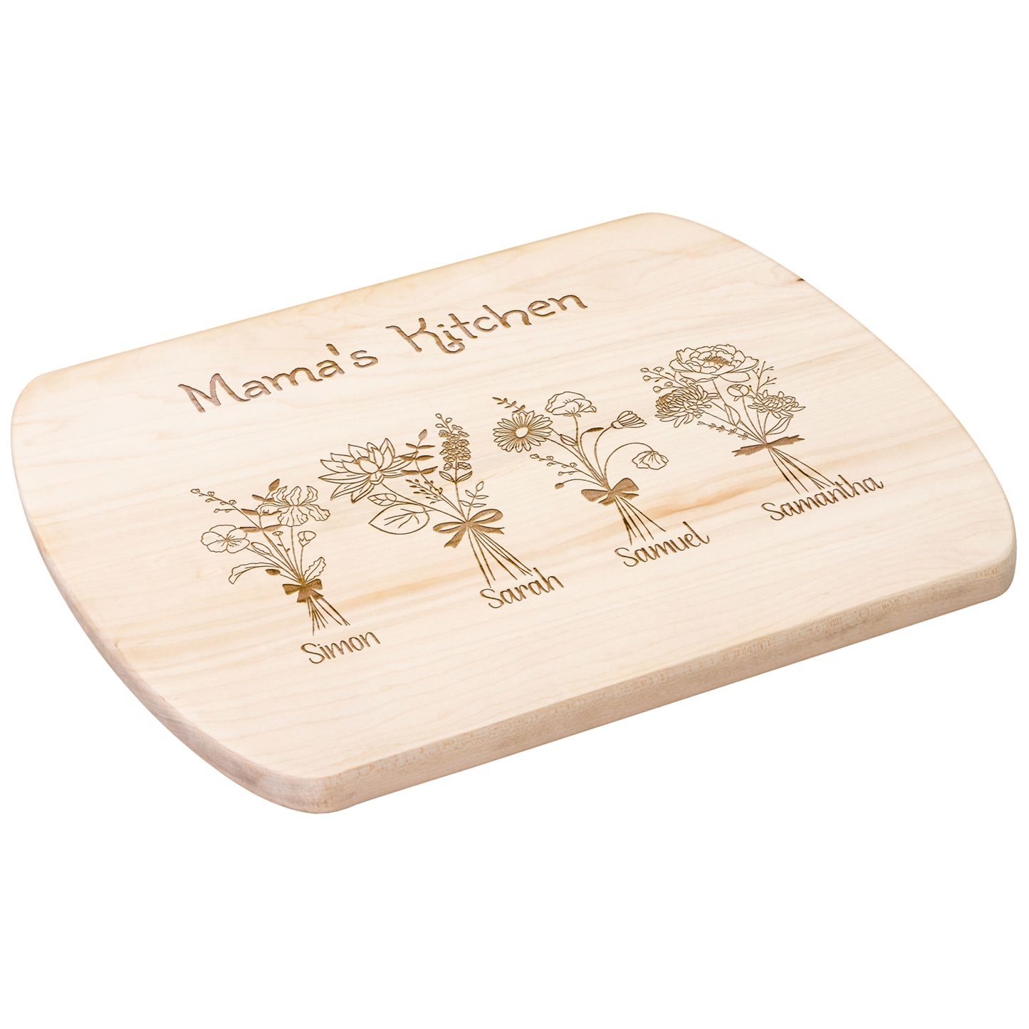Personalized Mama’s Kitchen Cutting Board with Birthday Flowers & Names – Custom Hardwood Gift