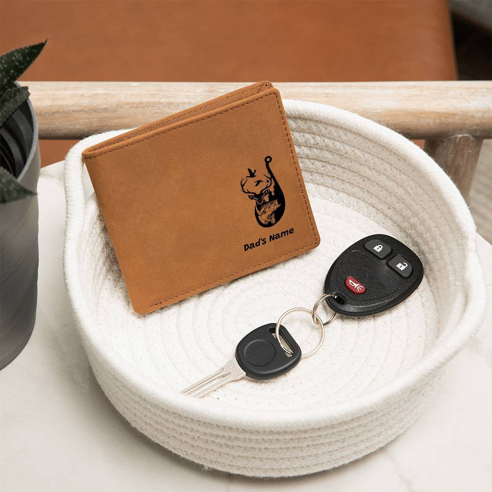 Personalized Leather Wallet with Outdoors Design – Fish, Deer, and Ducks