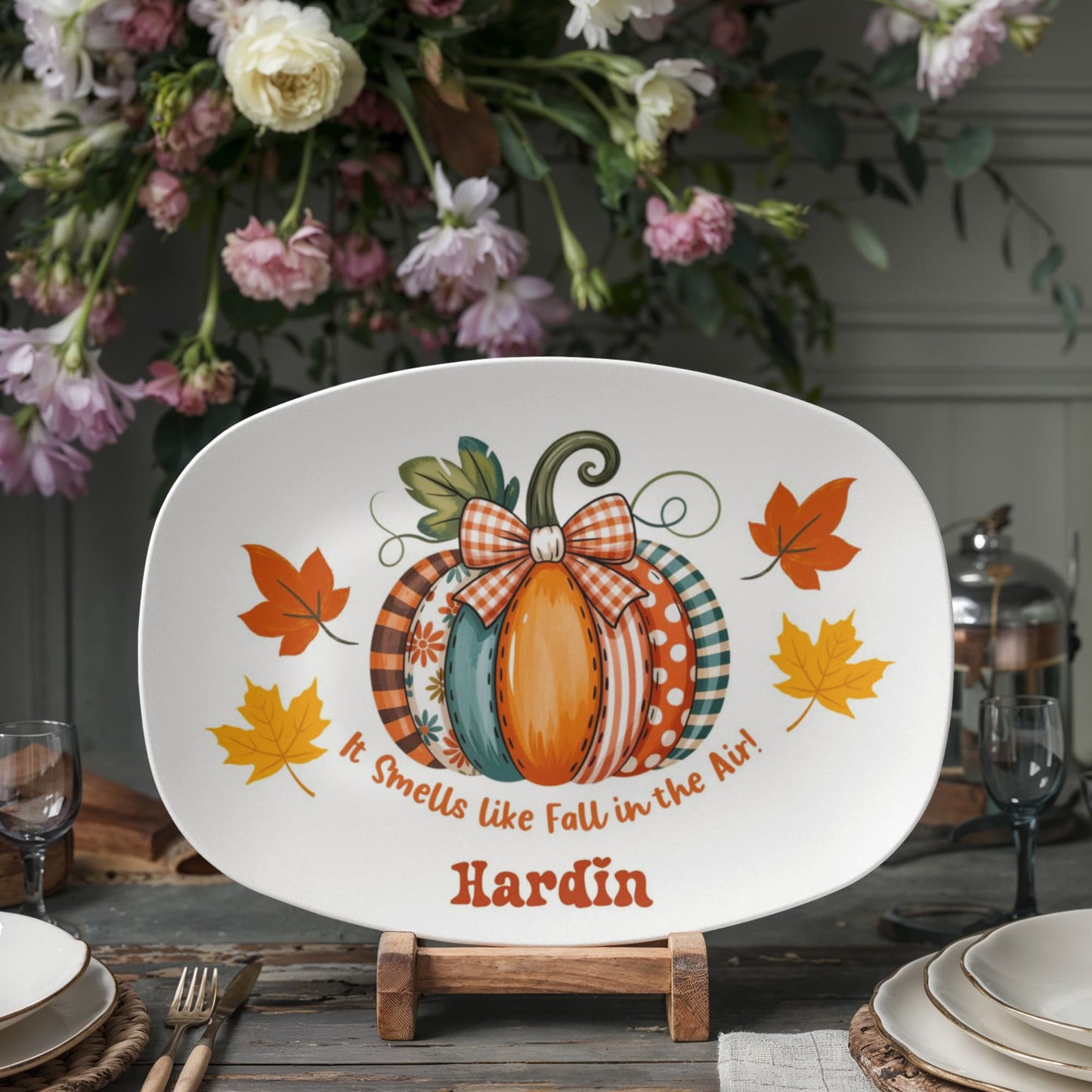 Personalized fall pumpkin platter with “It Smells Like Fall in the Air” design and custom family name Hardin – 10x14 oval serving dish