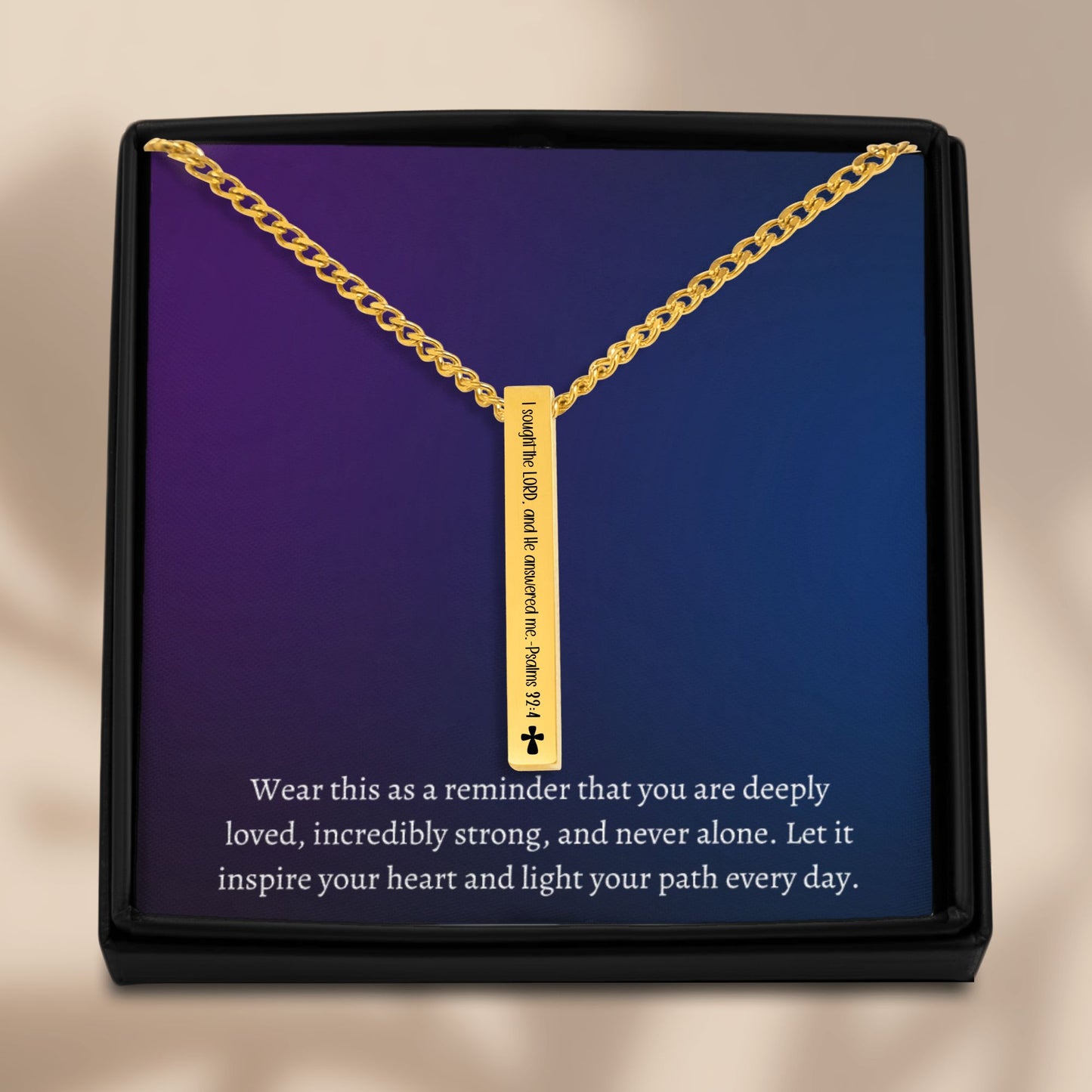 Personalized Cuban 3D Bar Necklace with Psalm 34:4 Verse – Laser Engraved Jewelry in Stainless Steel or 18k Gold