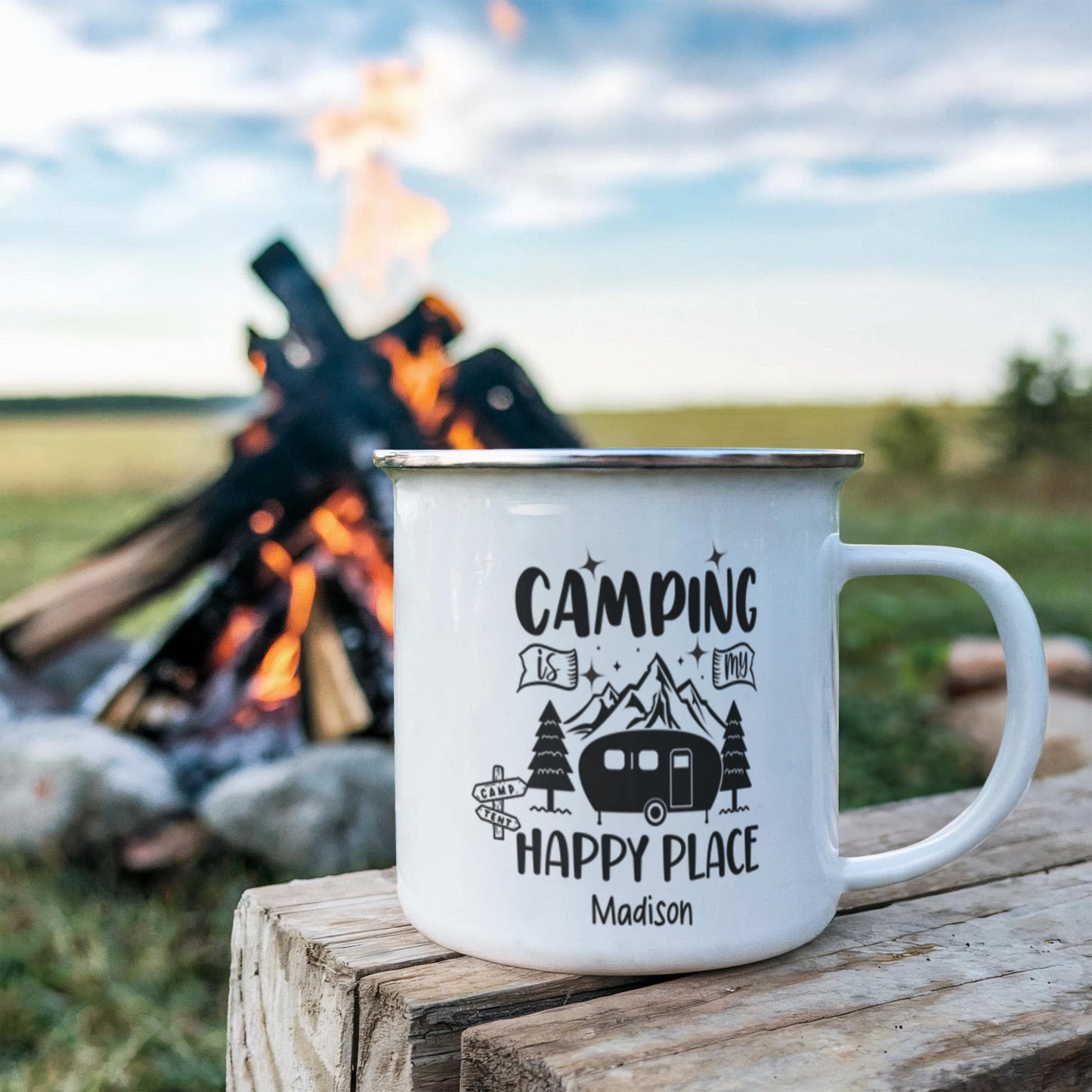 "Personalized 12oz stainless steel camping mug with enamel coating and rounded rim, perfect for outdoor coffee adventures and hiking trips. Custom-engraved name option available."