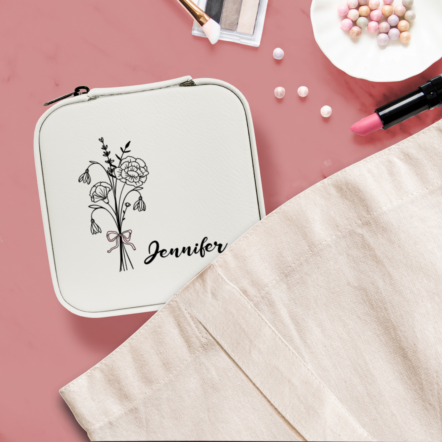 Personalized Birth Flower Jewelry Box with Name – Premium PU Leather Travel Organizer for Women