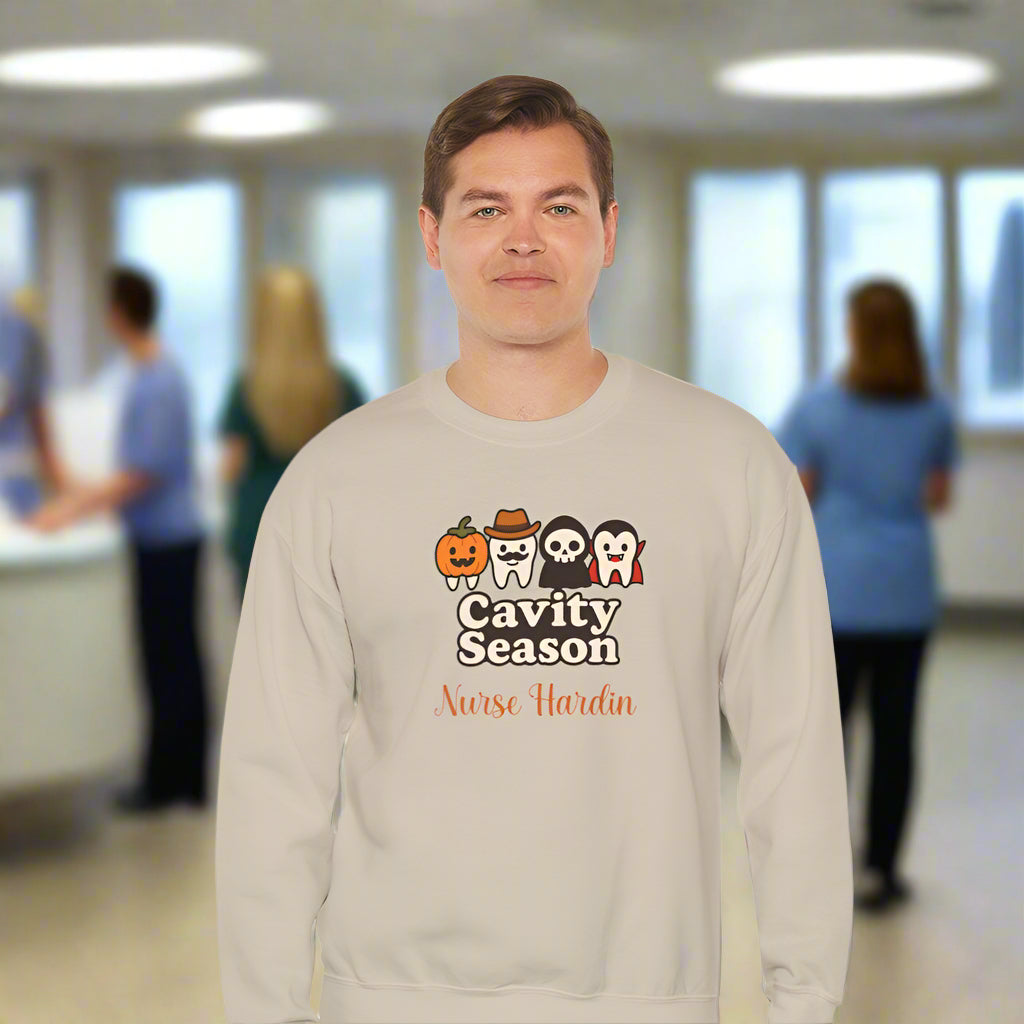 Personalized Halloween Dental Sweatshirt – "Cavity Season" with Cute Tooth Characters – Custom Name Dentist Hygienist Fall Crewneck