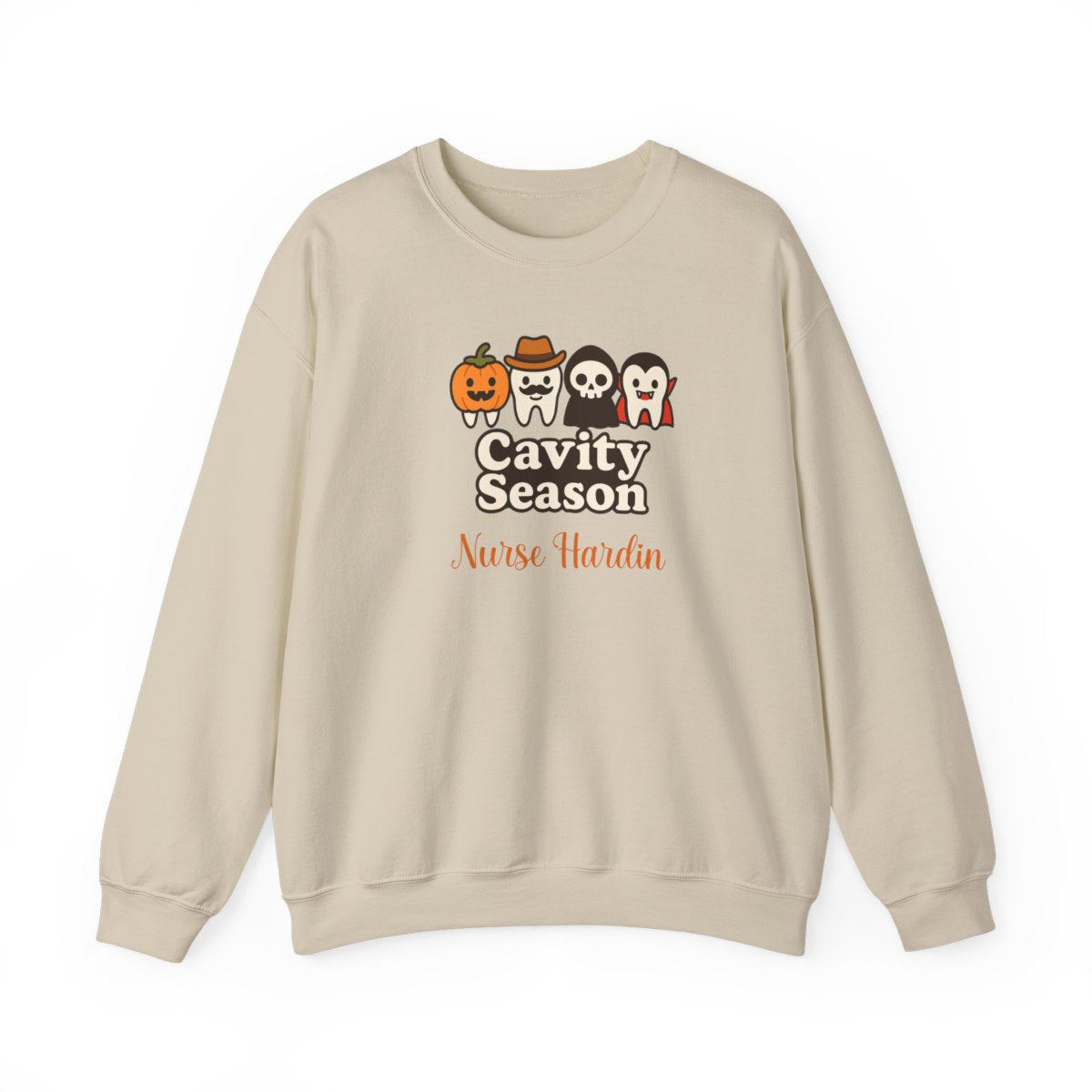 Personalized Halloween Dental Sweatshirt – "Cavity Season" with Cute Tooth Characters – Custom Name Dentist Hygienist Fall Crewneck
