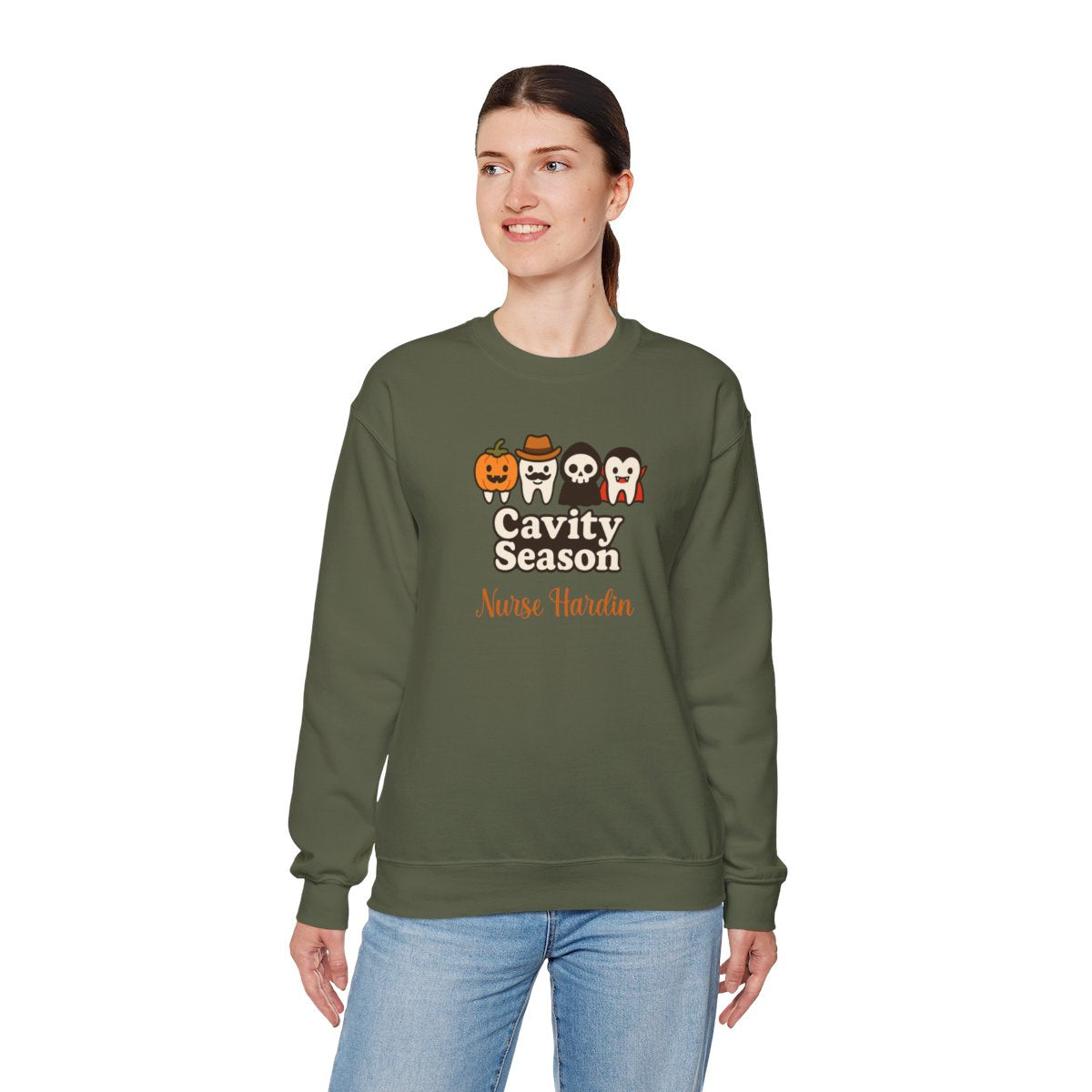 Personalized Halloween Dental Sweatshirt – "Cavity Season" with Cute Tooth Characters – Custom Name Dentist Hygienist Fall Crewneck