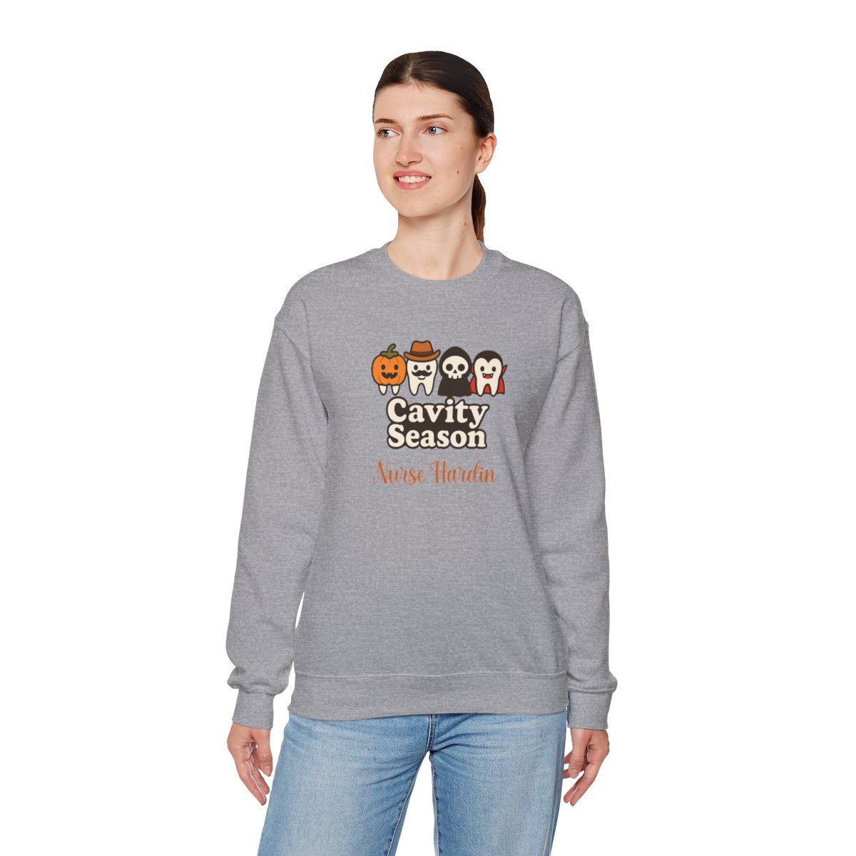 Personalized Halloween Dental Sweatshirt – "Cavity Season" with Cute Tooth Characters – Custom Name Dentist Hygienist Fall Crewneck