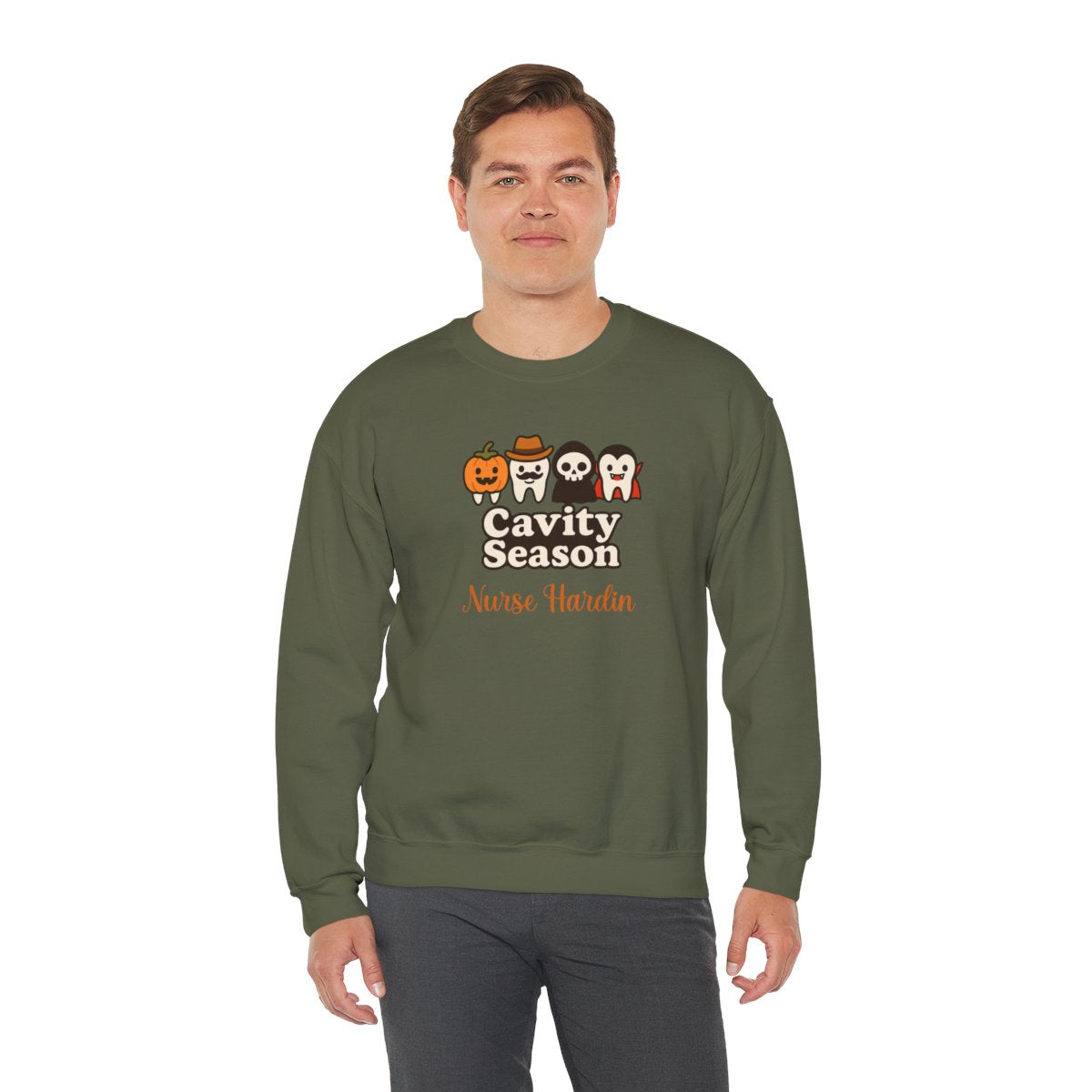 Personalized Halloween Dental Sweatshirt – "Cavity Season" with Cute Tooth Characters – Custom Name Dentist Hygienist Fall Crewneck