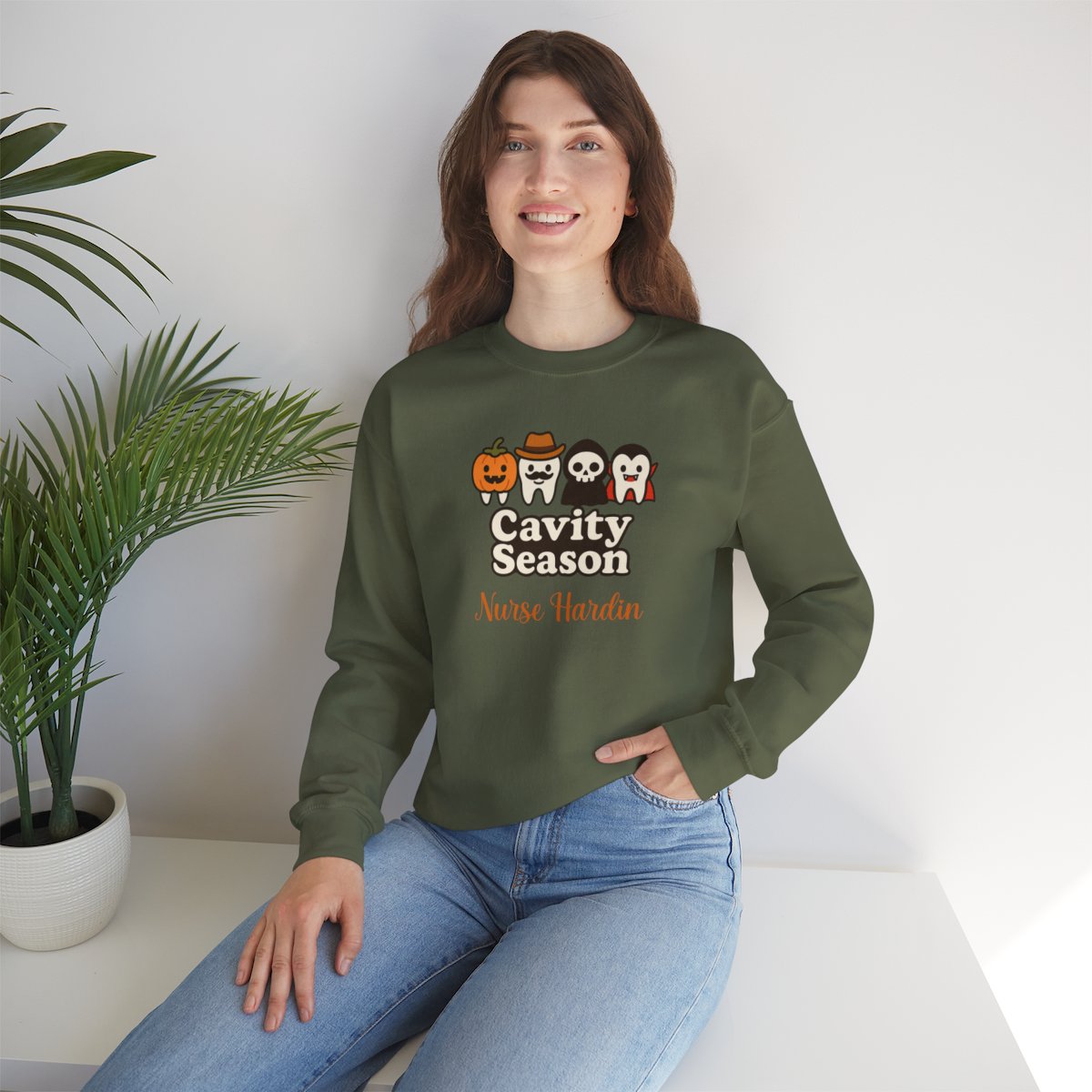 Personalized Halloween Dental Sweatshirt – "Cavity Season" with Cute Tooth Characters – Custom Name Dentist Hygienist Fall Crewneck