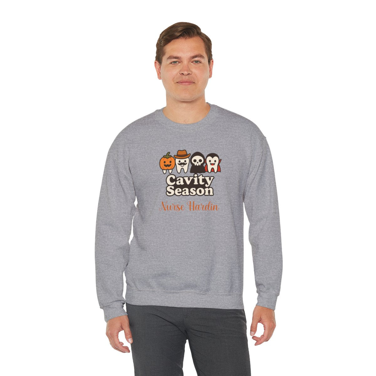 Personalized Halloween Dental Sweatshirt – "Cavity Season" with Cute Tooth Characters – Custom Name Dentist Hygienist Fall Crewneck