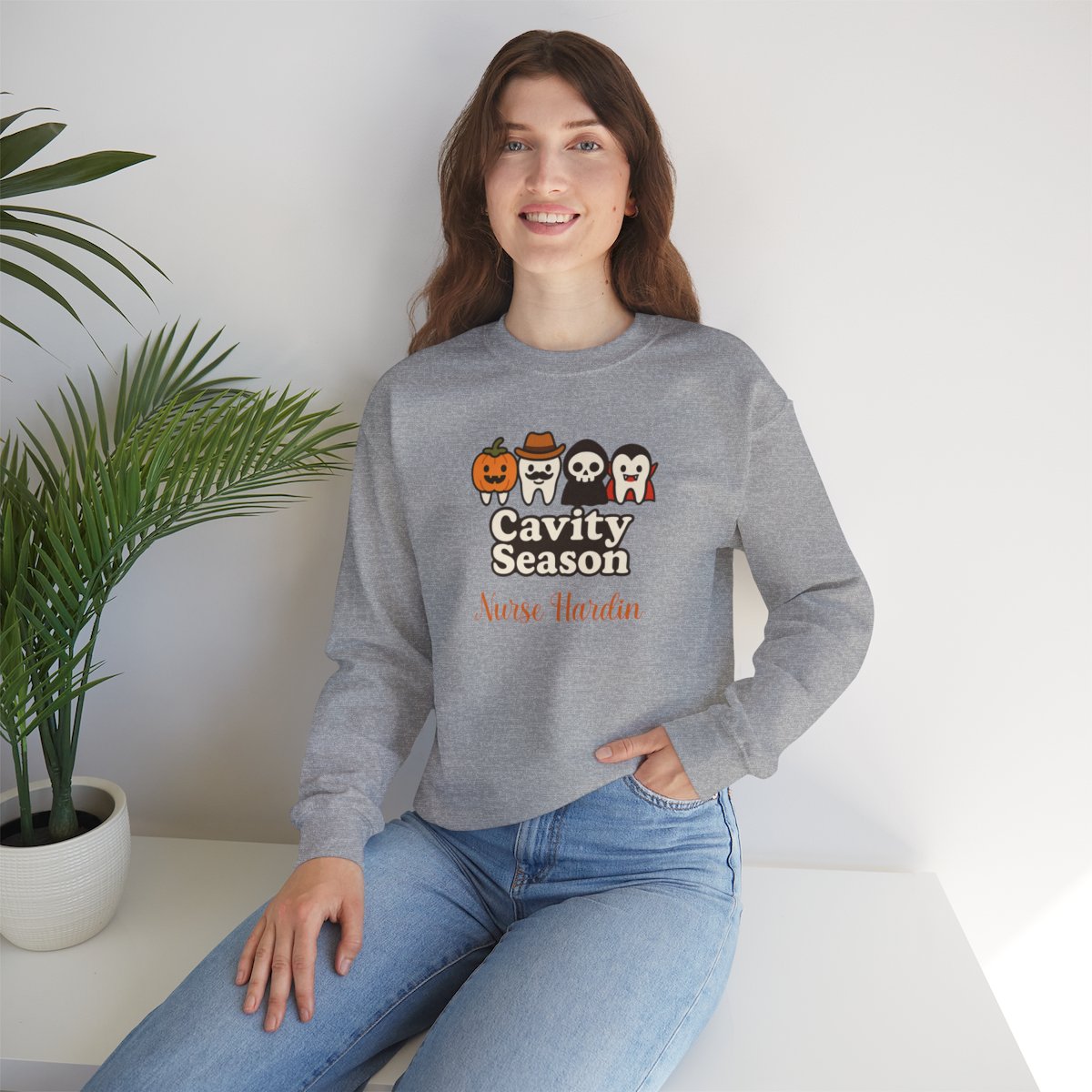 Personalized Halloween Dental Sweatshirt – "Cavity Season" with Cute Tooth Characters – Custom Name Dentist Hygienist Fall Crewneck