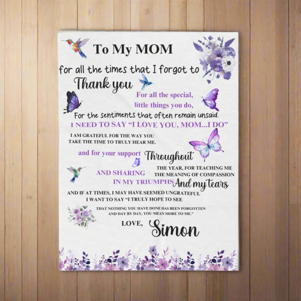 To Mom blanket with purple butterflies and hummingbirds