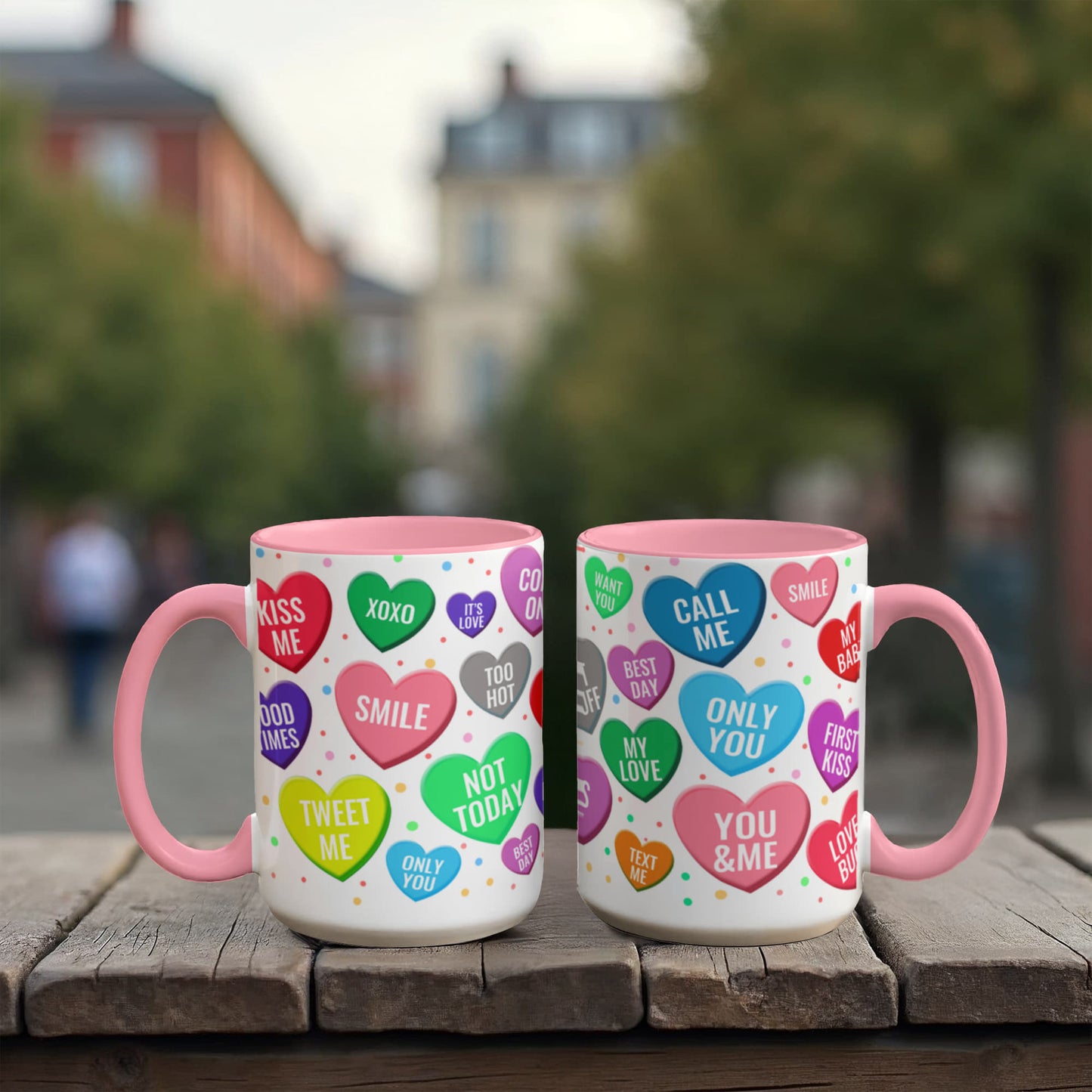 Conversation Hearts Mug | Personalized Color Accent Coffee Mug | Valentine's Day Gift | 11oz &amp; 15oz Ceramic Mug | Dishwasher Safe