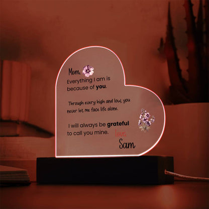 Personalized Mom Acrylic Heart Plaque with LED Light Base – Sentimental Mother Gift from Daughter or Son – Mother’s Day, Birthday, Keepsake Decor
