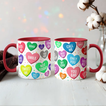 Conversation Hearts Mug | Personalized Color Accent Coffee Mug | Valentine's Day Gift | 11oz &amp; 15oz Ceramic Mug | Dishwasher Safe