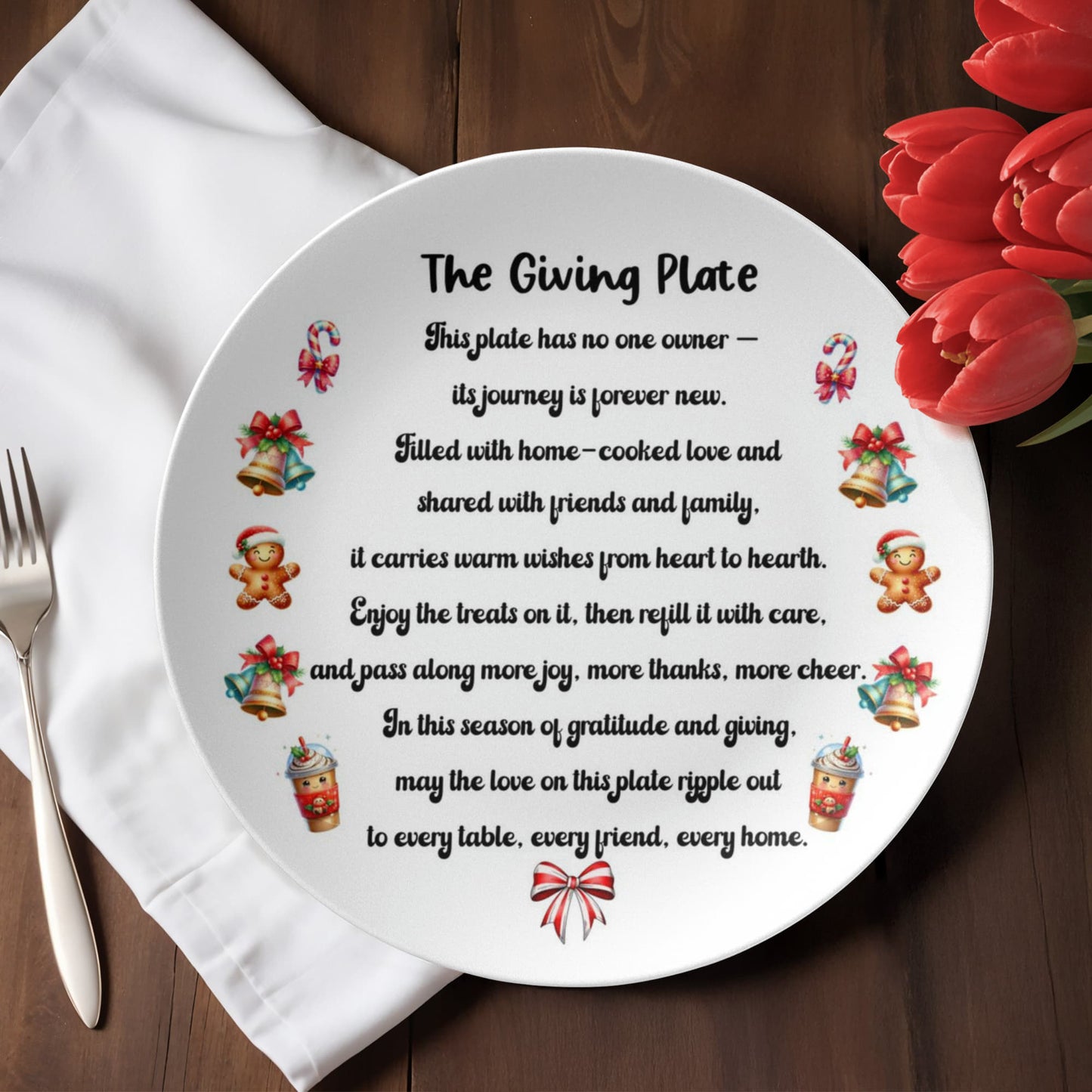 Personalized 10-inch Giving Plate with Christmas illustrations and heartfelt message about sharing love and gratitude – microwave and dishwasher safe holiday gift