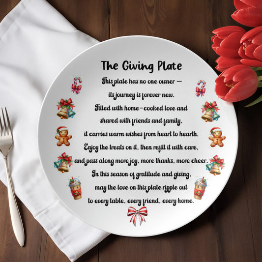 Personalized 10-inch Giving Plate with Christmas illustrations and heartfelt message about sharing love and gratitude – microwave and dishwasher safe holiday gift