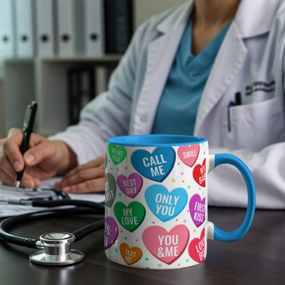Conversation Hearts Mug | Personalized Color Accent Coffee Mug | Valentine's Day Gift | 11oz &amp; 15oz Ceramic Mug | Dishwasher Safe
