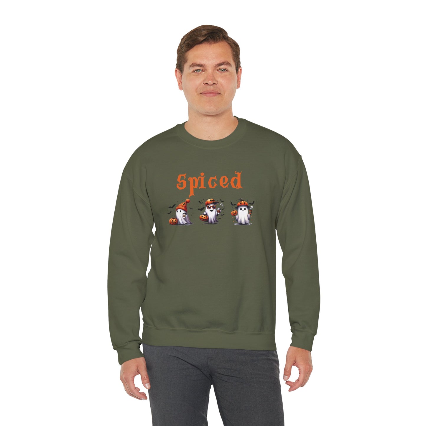 Spiced Boy Ghost Coffee Crewneck Sweatshirt with Pumpkins