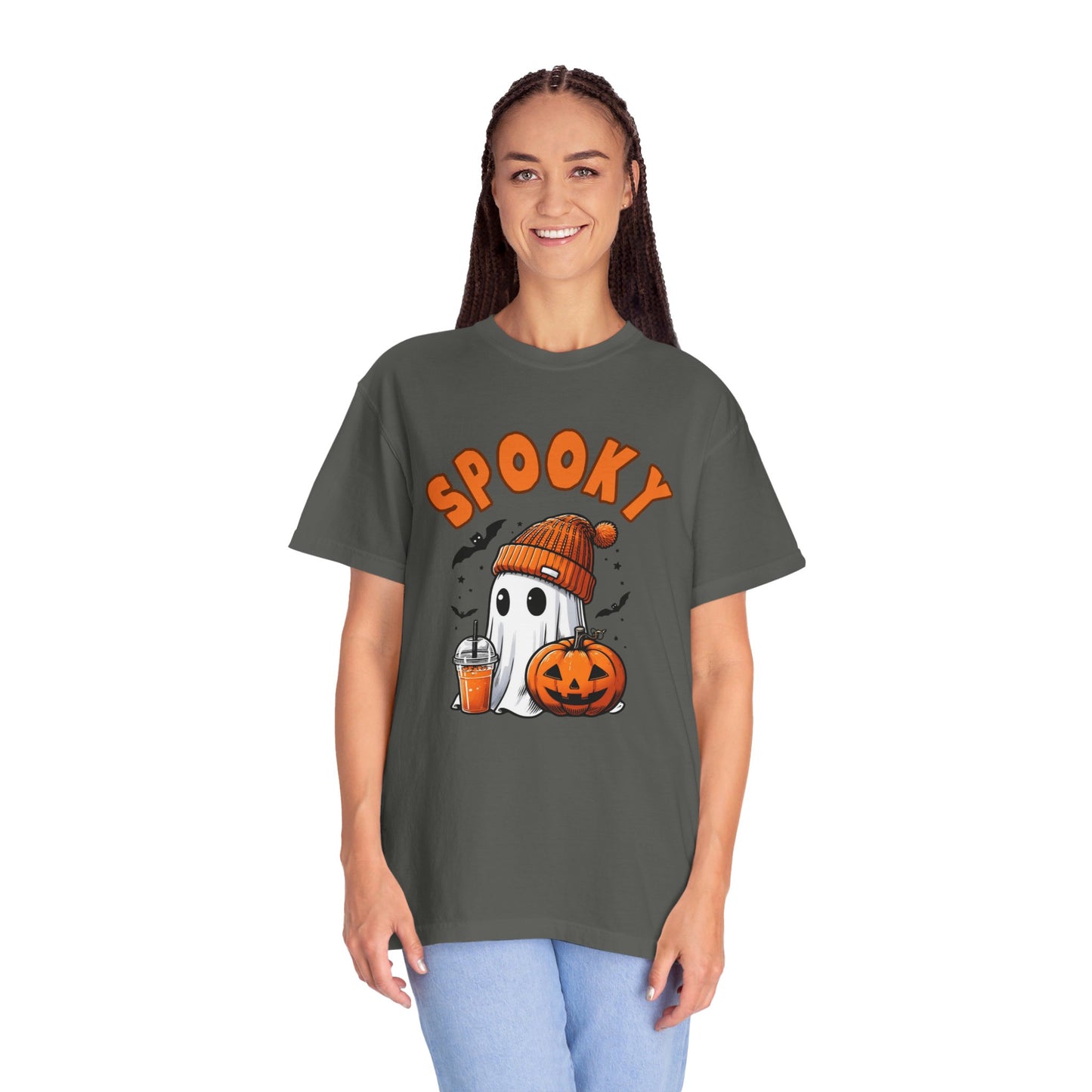 Spooky Ghost with Drink and Pumpkin Garment-Dyed T-shirt