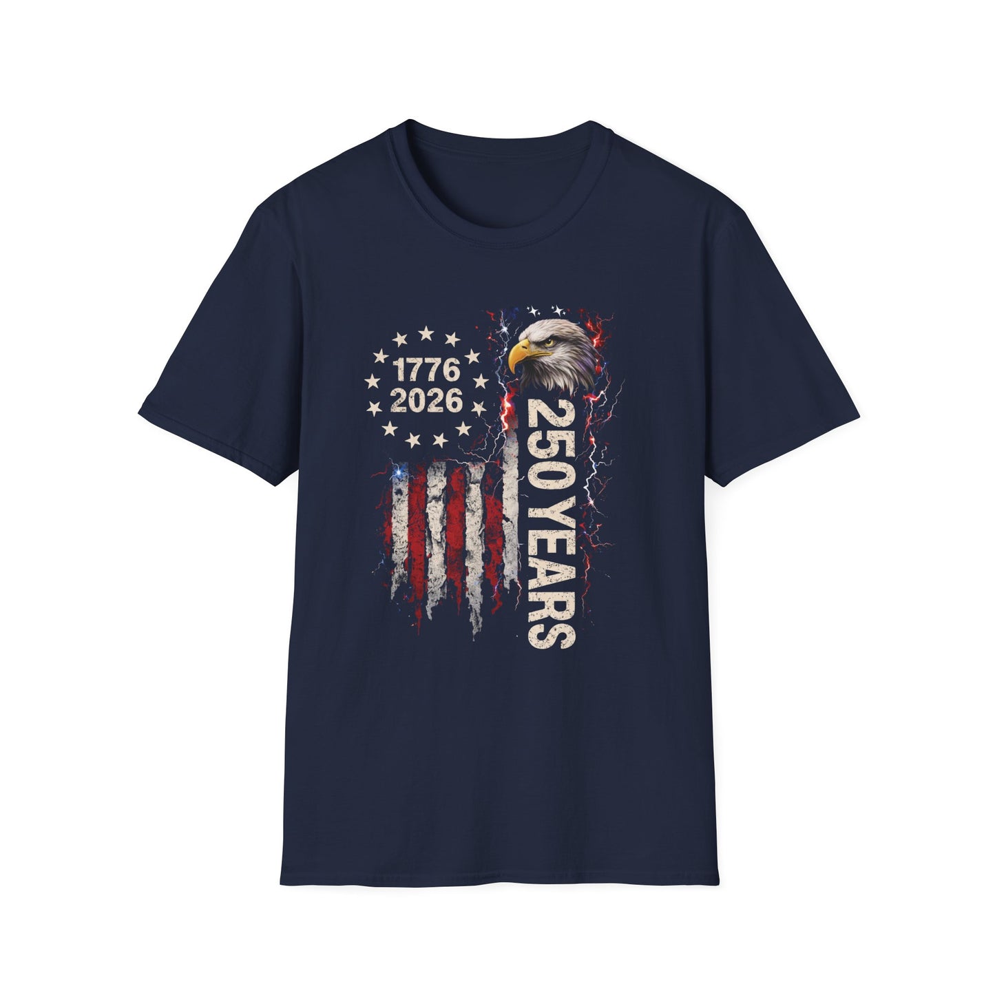 250 Years of Freedom T-Shirt | 1776–2026 USA 250th Anniversary Bald Eagle Patriotic Tee | Gildan Softstyle 64000 Unisex