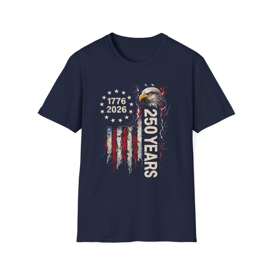 250 Years of Freedom T-Shirt | 1776–2026 USA 250th Anniversary Bald Eagle Patriotic Tee | Gildan Softstyle 64000 Unisex