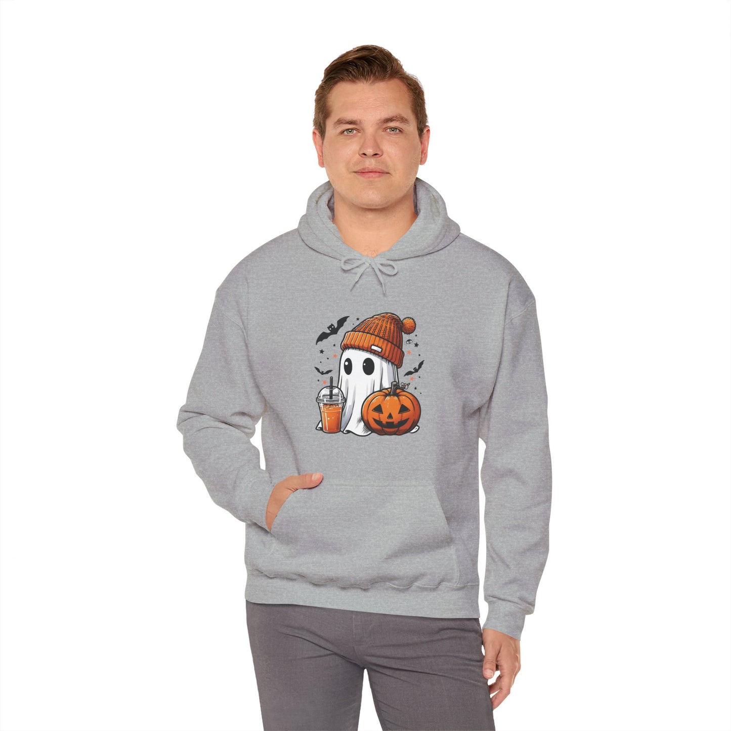 Cute Halloween Ghost in Beanie Unisex Heavy Blend Hooded Sweatshirt - Cozy Autumn Coffee Lover Pullover Hoodie