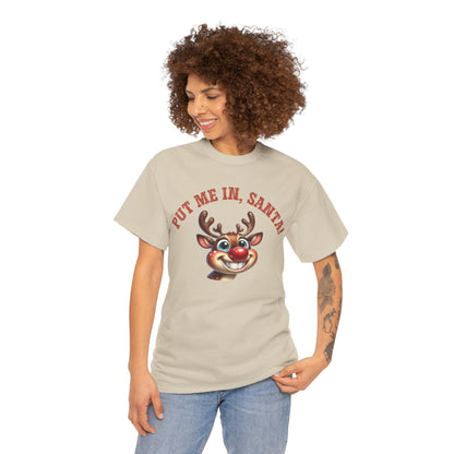 Put Me In, Santa Smiling Deer Unisex Heavy Cotton Tee – Fun and Festive Christmas Shirt