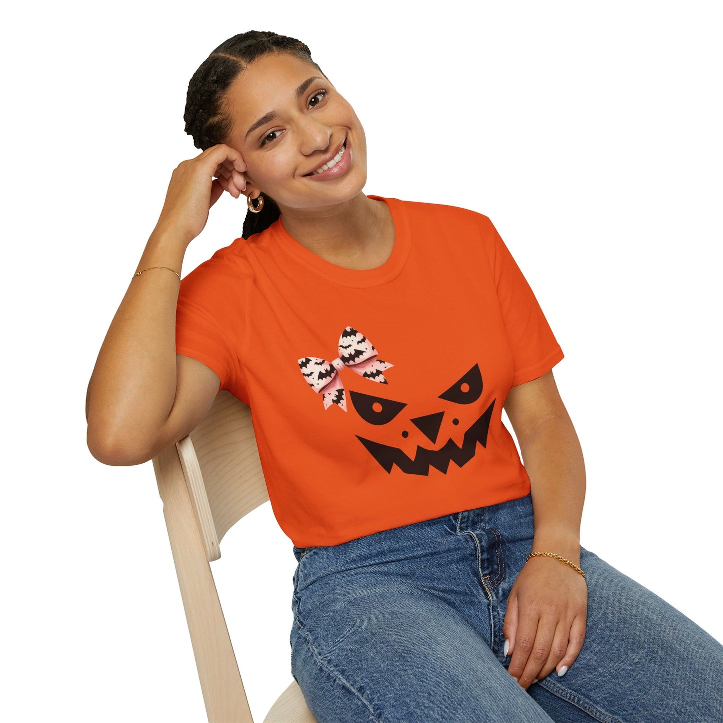 Jack O' Lantern with a Bat Bow Softstyle T-Shirt